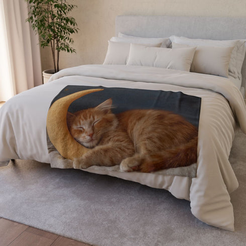 Cat Sleeping on Crescent Moon — Plush Fleece Throw Blanket — Drape over Sofa & Bed Lifestyle View