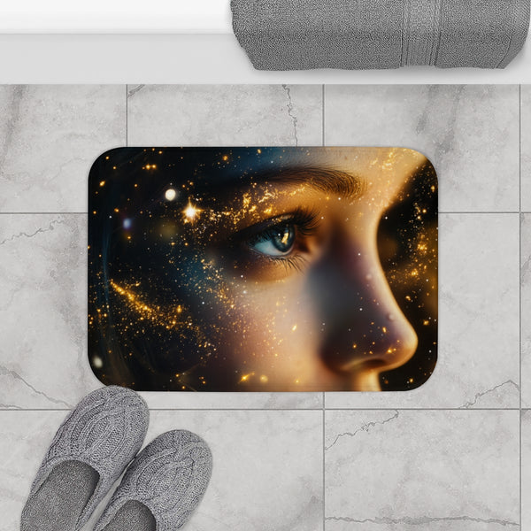 Celestial Goddess Surrounded by Stars (Edition II) — 61×43 Memory Foam Bath Mat — Modern Bathroom Floor Lifestyle View