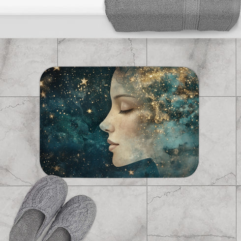 Celestial Goddess Surrounded by Stars (Edition IV) — 61×43 Memory Foam Bath Mat — Modern Bathroom Floor Lifestyle View