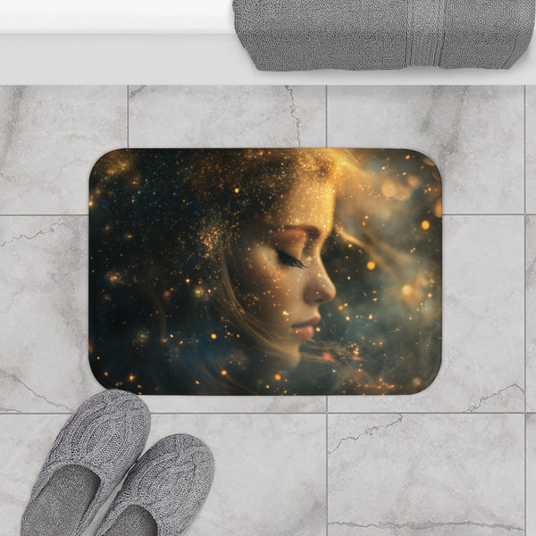 Celestial Goddess Surrounded by Stars — 61×43 Memory Foam Bath Mat — Modern Bathroom Floor Lifestyle View