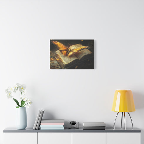 Celestial Moth Hovering over Ancient Tomb — Stretched Canvas Wall Art — Living Room Wall Lifestyle View