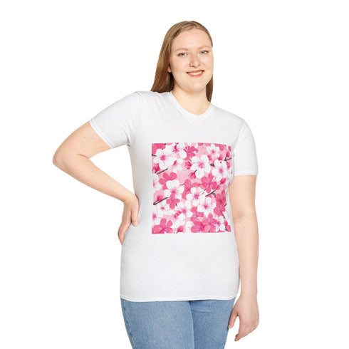 Cherry Blossom Sakura Seamless Pattern — Graphic Cotton T-Shirt — Model Streetwear Fit View