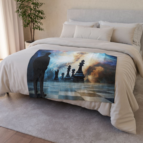Chess Game Between Gods and Stars — Plush Fleece Throw Blanket — Drape over Sofa & Bed Lifestyle View