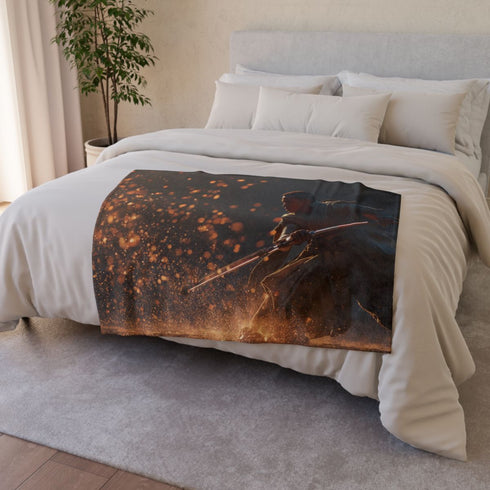 Chirrut Imwe in Combat Stance — Plush Fleece Throw Blanket — Drape over Sofa & Bed Lifestyle View