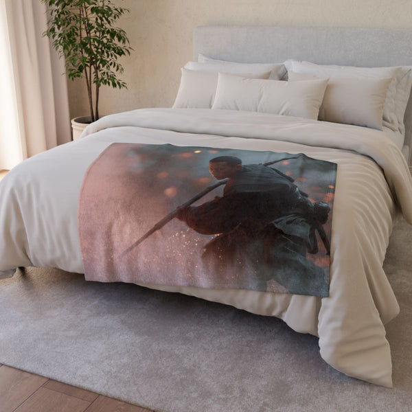 Chirrut Imwe in Combat Stance with Staff (Edition II) — Plush Fleece Throw Blanket — Drape over Sofa & Bed Lifestyle View
