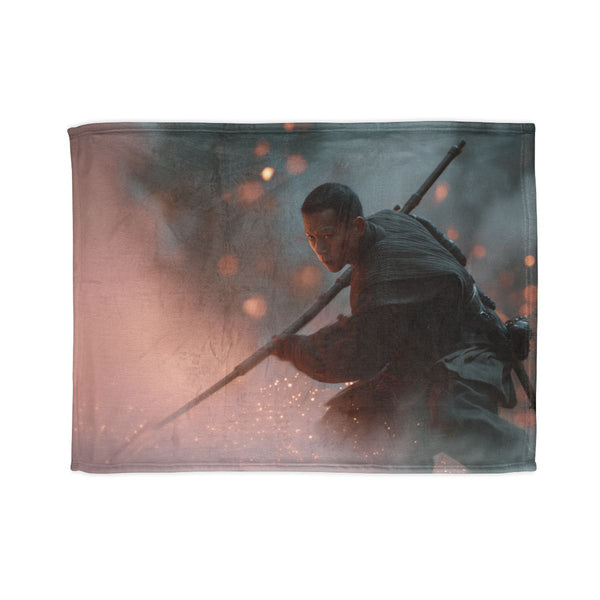 Chirrut Imwe in Combat Stance with Staff (Edition II) — Plush Fleece Throw Blanket — Full Spread Plush Fleece Artwork View