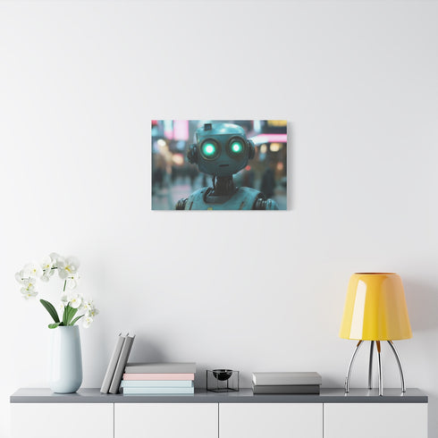 Cinematic Robot Uprising in Neon City — Stretched Canvas Wall Art — Living Room Wall Lifestyle View