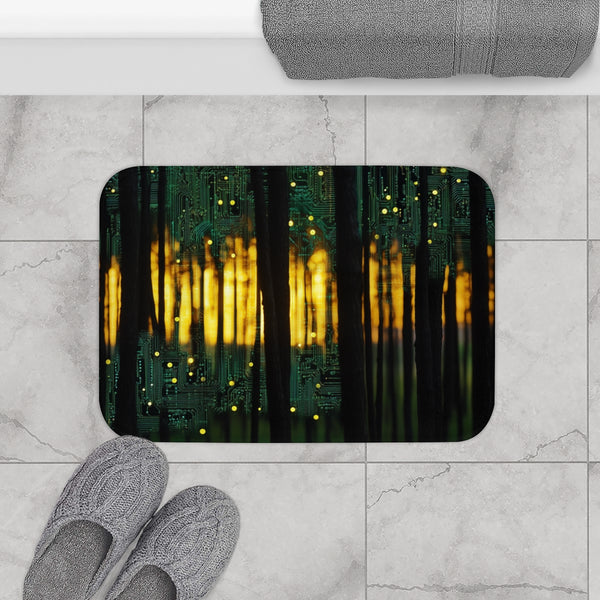 Circuit Board Forest in Sunrise — 61×43 Memory Foam Bath Mat — Modern Bathroom Floor Lifestyle View