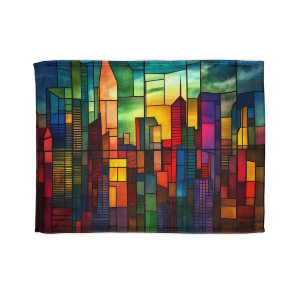 City Skyline Made of Stained Glass — Plush Fleece Throw Blanket — Full Spread Plush Fleece Artwork View