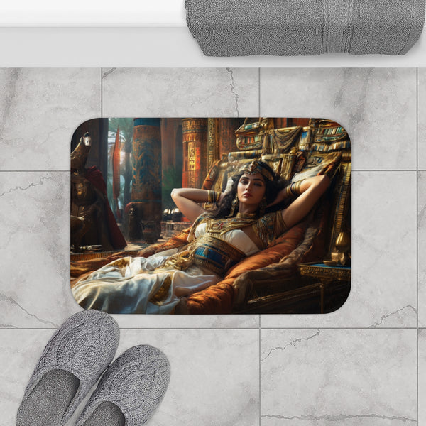 Cleopatra Reclining in Golden Throne, — Memory Foam Bath Mat — Modern Bathroom Floor Lifestyle View