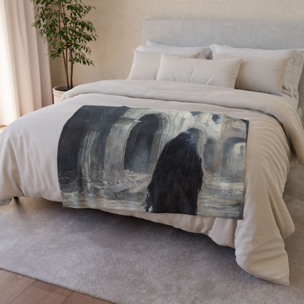 Cloaked Figure Walking Through Ruins (Edition III) — Plush Fleece Throw Blanket — Drape over Sofa & Bed Lifestyle View