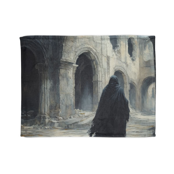 Cloaked Figure Walking Through Ruins (Edition III) — Plush Fleece Throw Blanket — Full Spread Plush Fleece Artwork View