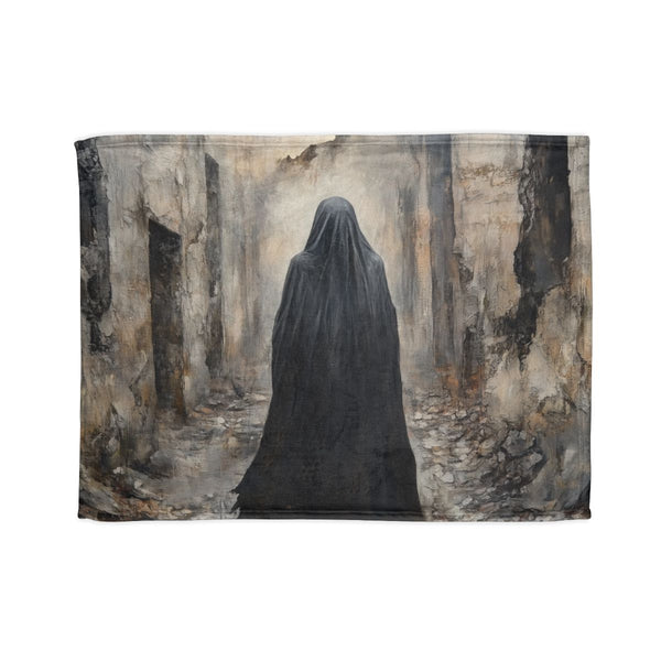 Cloaked Figure Walking Through Ruins — Plush Fleece Throw Blanket — Full Spread Plush Fleece Artwork View
