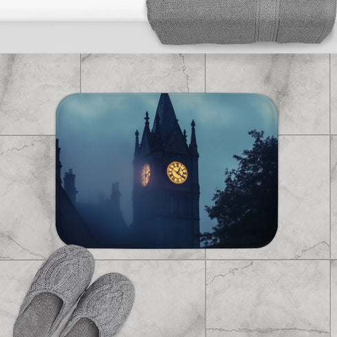 Clock Tower Ticking Backwards (Edition II) — 61×43 Memory Foam Bath Mat — Modern Bathroom Floor Lifestyle View