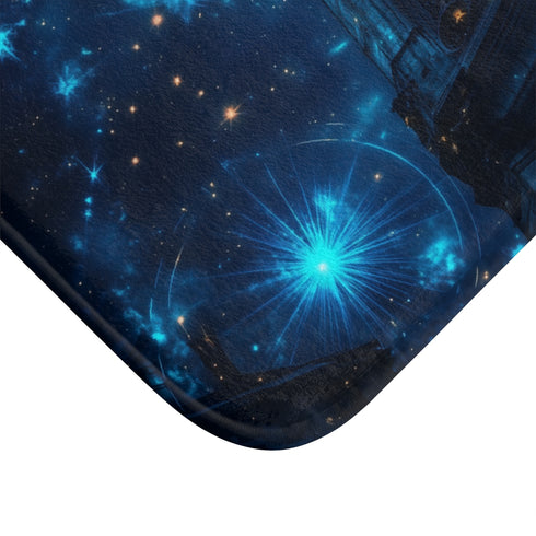 Clock Tower with Stars As Gears — Memory Foam Bath Mat — Microfibre Texture Close-Up View