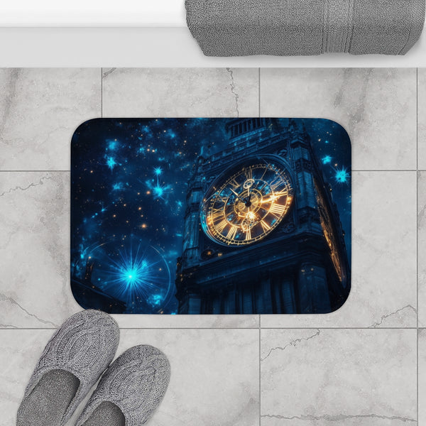 Clock Tower with Stars As Gears — Memory Foam Bath Mat — Modern Bathroom Floor Lifestyle View