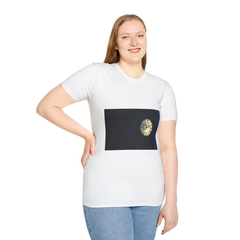 Clocktower Powered by Moon Phases Graphic Unisex Softstyle T-Shirt - Model View