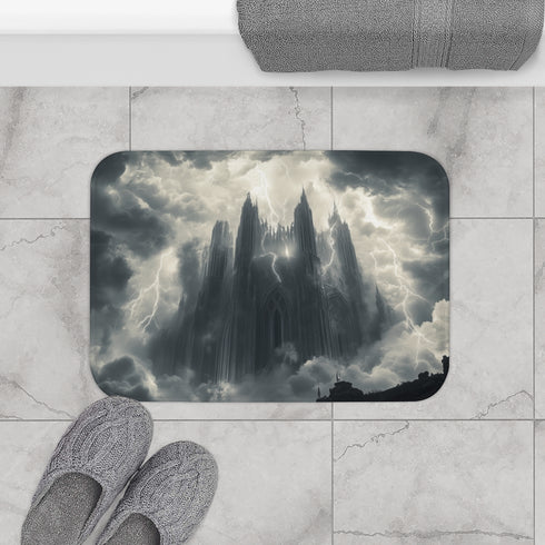 Cloud Cathedral Struck by Lightning — Memory Foam Bath Mat — Modern Bathroom Floor Lifestyle View