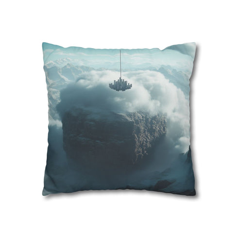 Cloud City Tethered to Mountain Peak — 40×40 Cushion Cover — Sofa & Living Room Lifestyle View