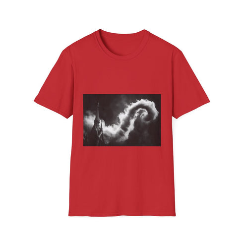 Cloud Serpent Winding Between Spires — Graphic Cotton T-Shirt — 100% Ring-Spun Cotton Fabric & Print Detail