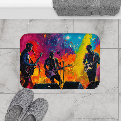 Neon Stadium Concert Lightshow — 61×43 Memory Foam Bath Mat — Modern Bathroom Floor Lifestyle View