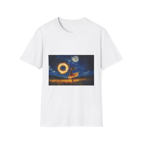Cosmic Fire Dancer Under Moonlight Graphic Unisex Softstyle T-Shirt - Front View