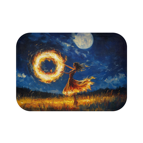 Cosmic Fire Dancer Under Moonlight — Memory Foam Bath Mat — Top-Down Memory Foam Bath Mat View