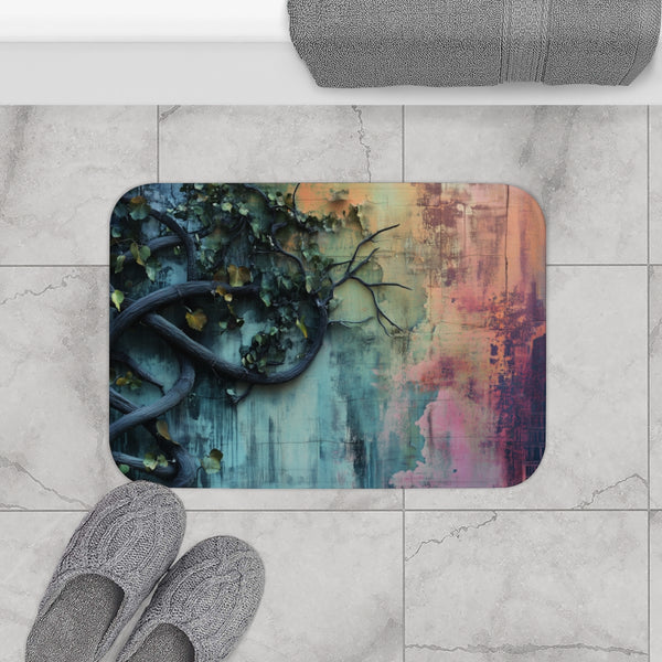 Cosmic Vines Climbing City Wall — Memory Foam Bath Mat — Modern Bathroom Floor Lifestyle View