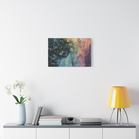 Cosmic Vines Climbing City Wall — Stretched Canvas Wall Art — Living Room Wall Lifestyle View