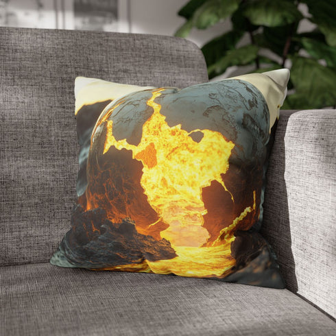 Crumbling Planet Leaking Golden Lava — 40×40 Cushion Cover — Double-Sided Back & Concealed Zip Detail