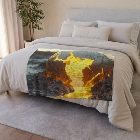 Crumbling Planet Leaking Golden Lava — 50×60 Plush Throw Blanket — 300 GSM Plush Coral Fleece Texture Close-Up