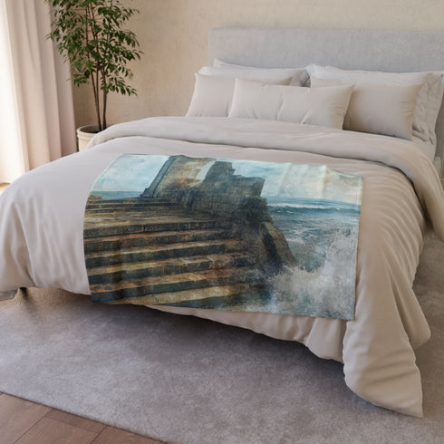 Crystal Tide Sweeping over Ruins — 50×60 Plush Throw Blanket — 300 GSM Plush Coral Fleece Texture Close-Up