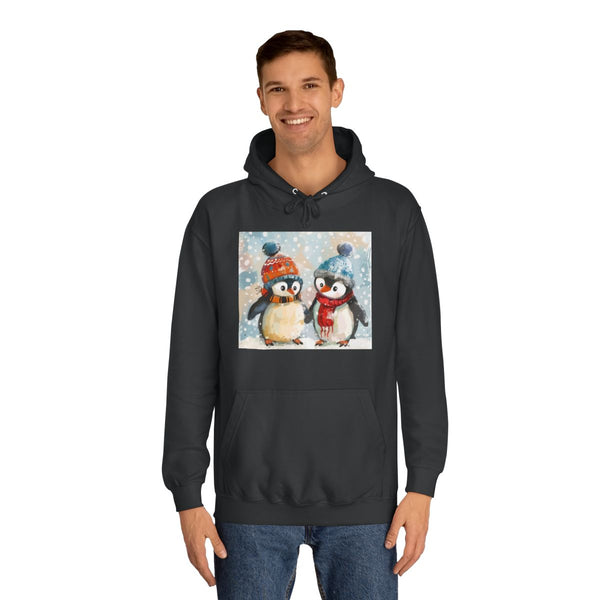Cute Penguins with Winter Hats — Heavyweight Graphic Hoodie — Model Streetwear Fit View