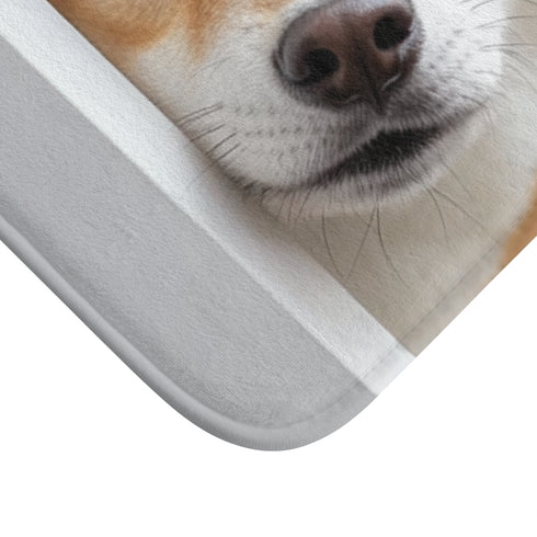 Cute Shiba Inu Peeking Out Luxury Memory Foam Bath Mat - Microfibre Texture Close-Up