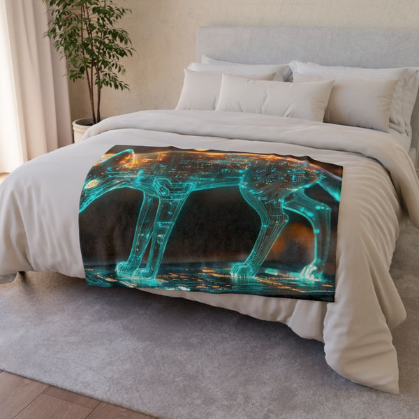 Cyber Fox with Glowing Circuitry (Edition II) — Plush Fleece Throw Blanket — Drape over Sofa & Bed Lifestyle View