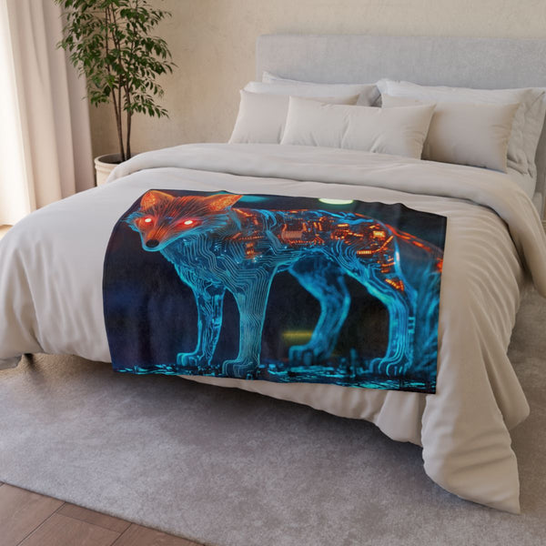 Cyber Fox with Glowing Circuitry (Edition IV) — Plush Fleece Throw Blanket — Drape over Sofa & Bed Lifestyle View