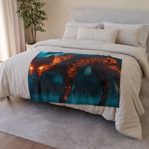 Cyber Fox with Glowing Circuitry — Plush Fleece Throw Blanket — Drape over Sofa & Bed Lifestyle View