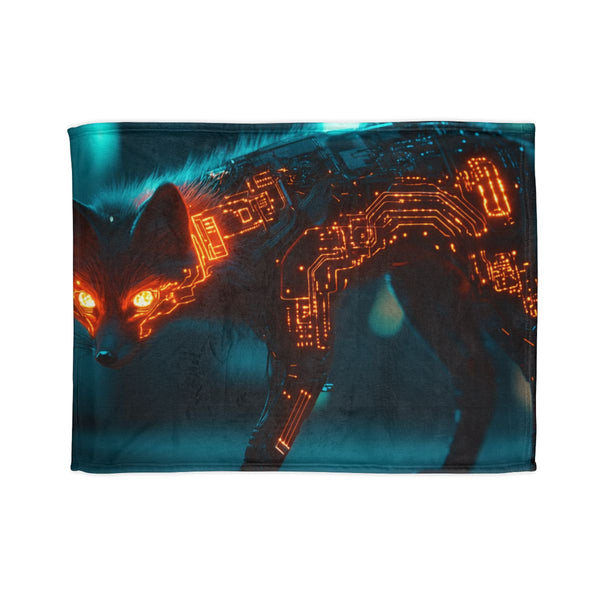 Cyber Fox with Glowing Circuitry — Plush Fleece Throw Blanket — Full Spread Plush Fleece Artwork View