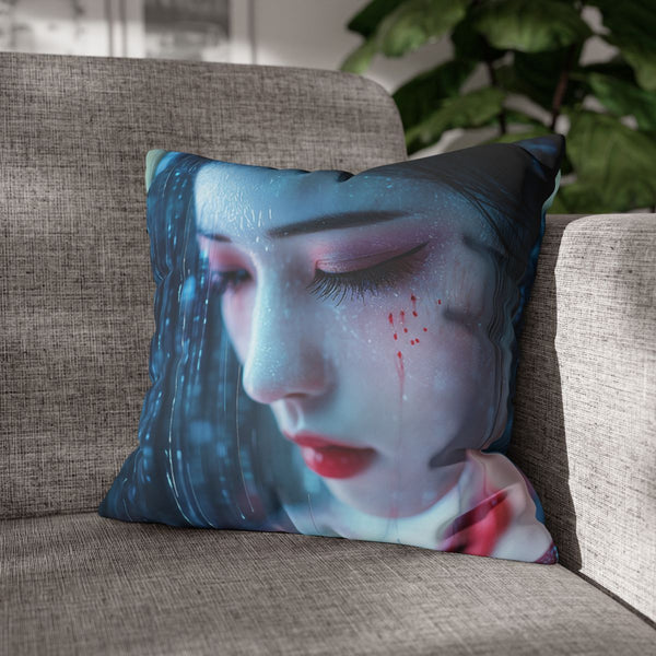 Cyber Geisha Under Data Rain — Double-Sided Cushion Cover — Sofa & Armchair Living Room Lifestyle View