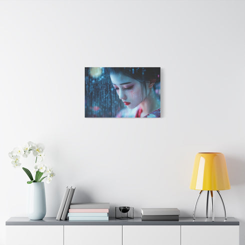 Cyber Geisha under Data Rain — Stretched Canvas Wall Art — Living Room Wall Lifestyle View