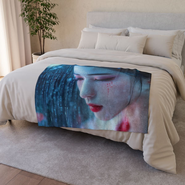 Cyber Geisha Under Data Rain — Plush Fleece Throw Blanket — Drape over Sofa & Bed Lifestyle View