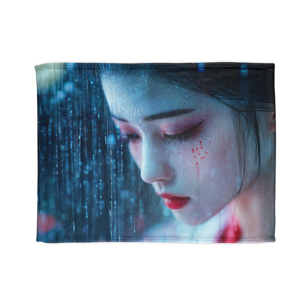 Cyber Geisha Under Data Rain — Plush Fleece Throw Blanket — Full Spread Plush Fleece Artwork View
