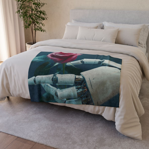 Cyber Roses Blooming from Robotic Hands — Plush Fleece Throw Blanket — Drape over Sofa & Bed Lifestyle View