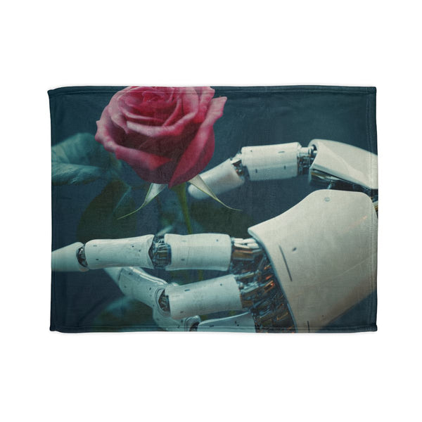 Cyber Roses Blooming from Robotic Hands — Plush Fleece Throw Blanket — Full Spread Plush Fleece Artwork View