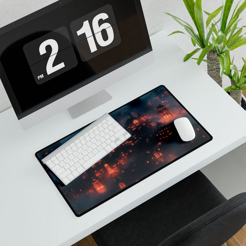 Cyber Village Above Clouds of Flame — XL & XXL Desk Mat — Gaming & Workspace Desk Setup View