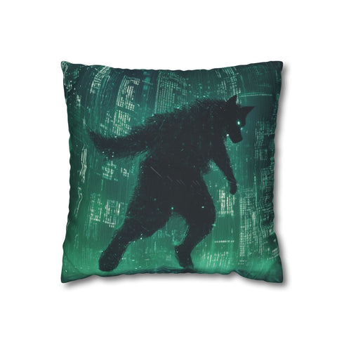 Cyber Wolf Running Through Code Rain — Double-Sided Cushion Cover — Front Double-Sided Cushion View