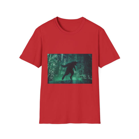 Cyber Wolf Running Through Code Rain — Graphic Cotton T-Shirt — 100% Ring-Spun Cotton Fabric & Print Detail