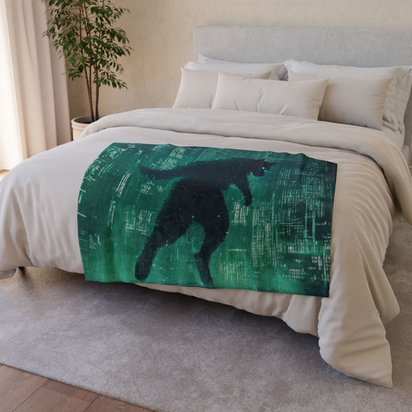 Cyber Wolf Running Through Code Rain — Plush Fleece Throw Blanket — Drape over Sofa & Bed Lifestyle View