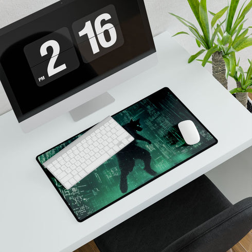 Cyber Wolf Running Through Code Rain — XXL Gaming Desk Mat — Gaming & Workspace Desk Setup View