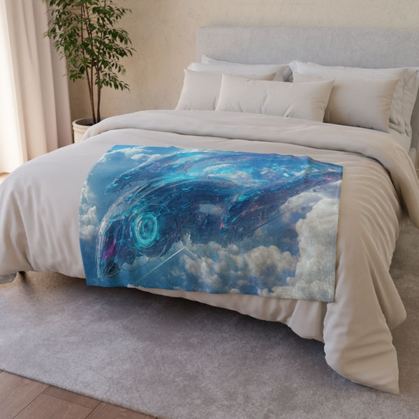 Cybernetic Dragon in the Sky (Edition II) — Plush Fleece Throw Blanket — Drape over Sofa & Bed Lifestyle View